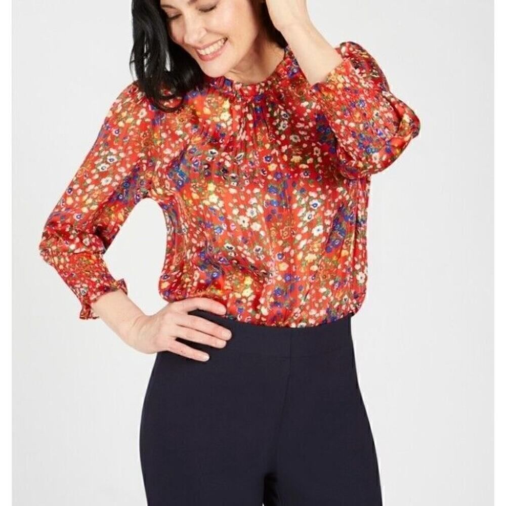 Rachel Zoe Red Floral High Neck Smock Sleeve Blouse Multicolor Red Size Medium